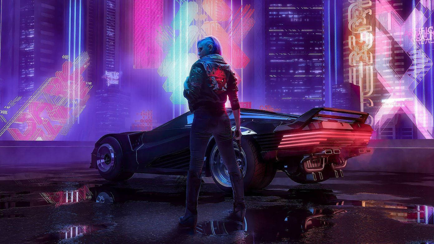 賽博龐克角色與發光汽車在霓虹城市夜晚