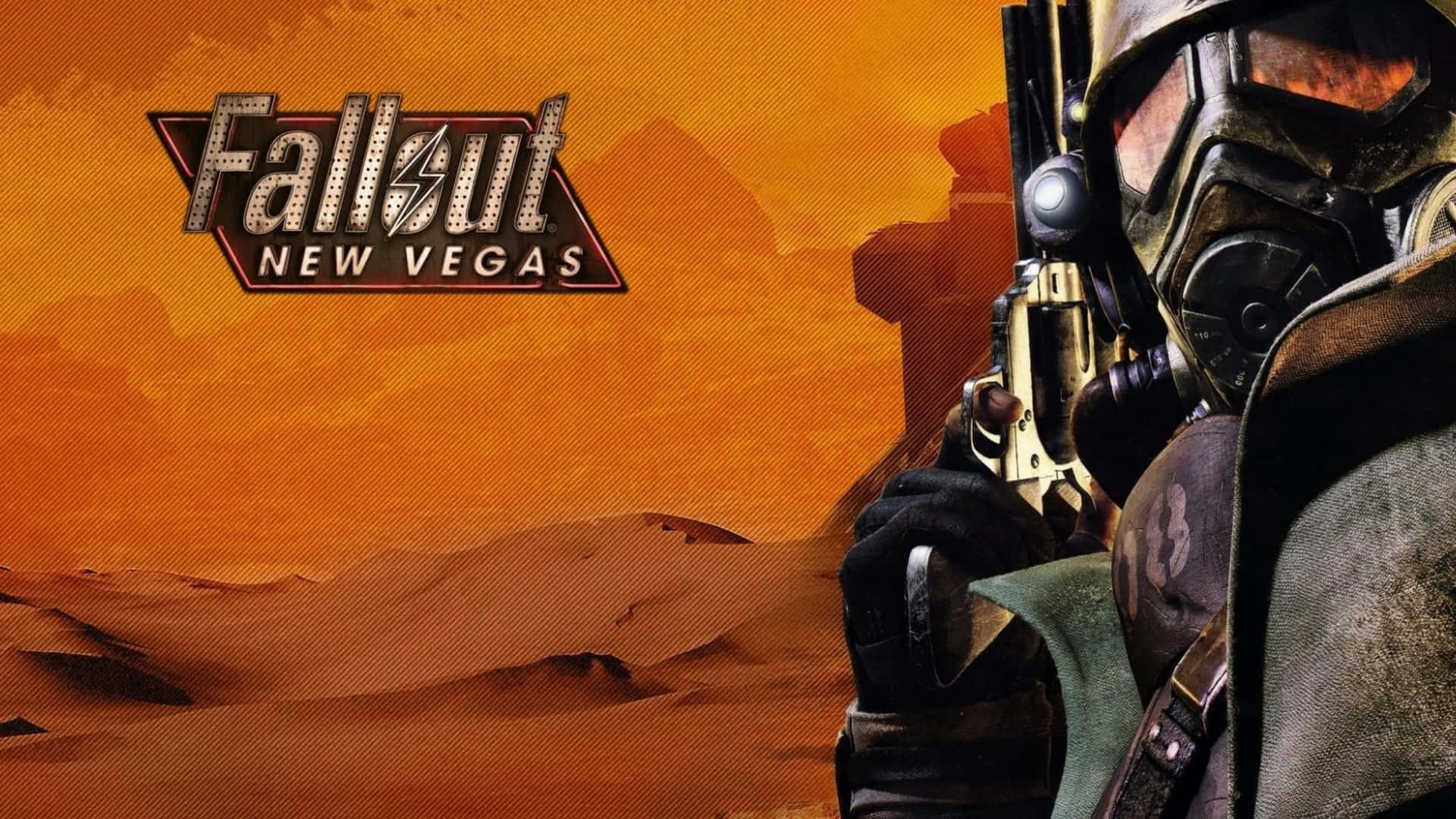 Fallout New Vegas角色在沙漠廢土中瞄準左輪手槍。