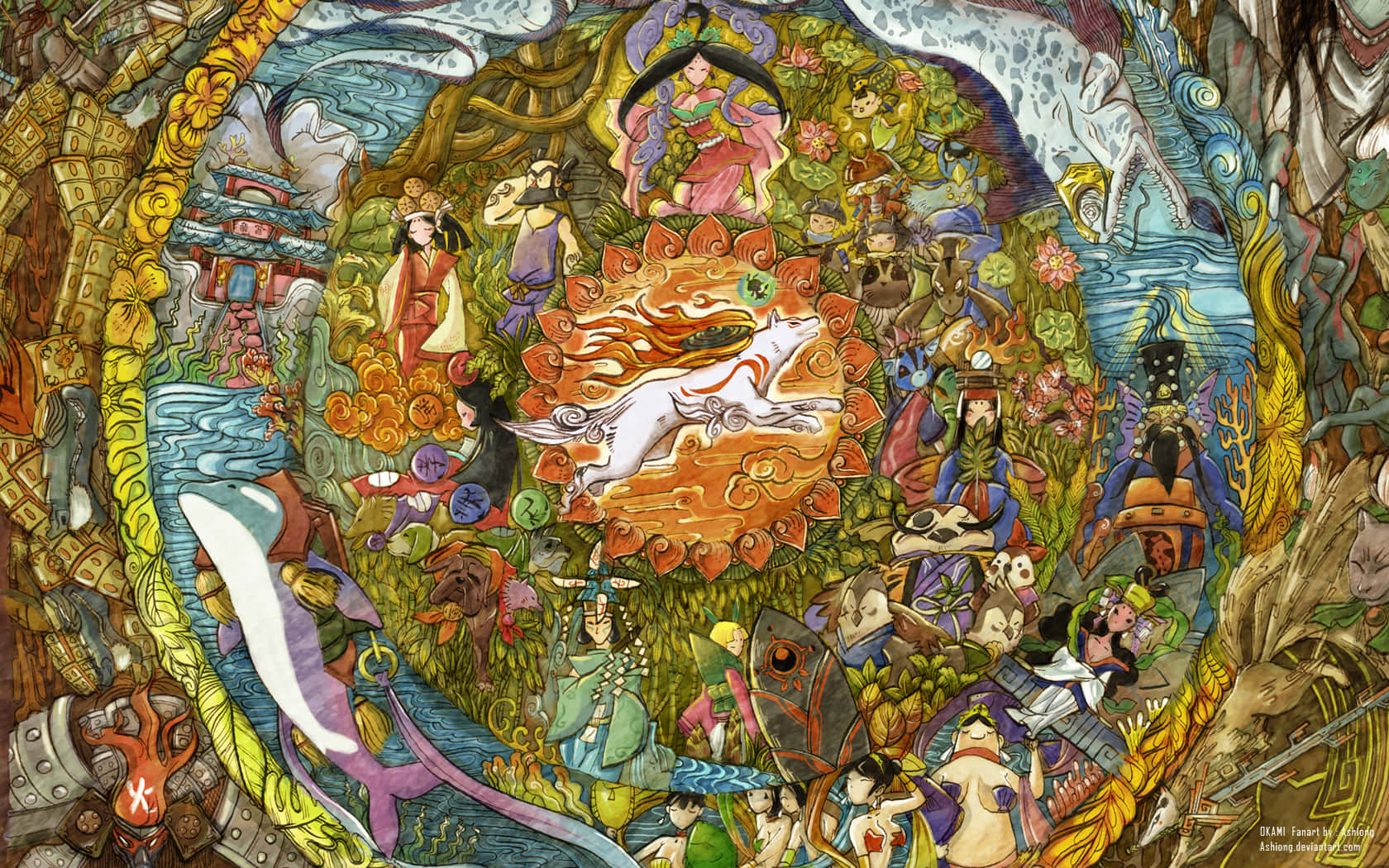 充滿活力的奇幻插圖中的神話日本人物和生物。