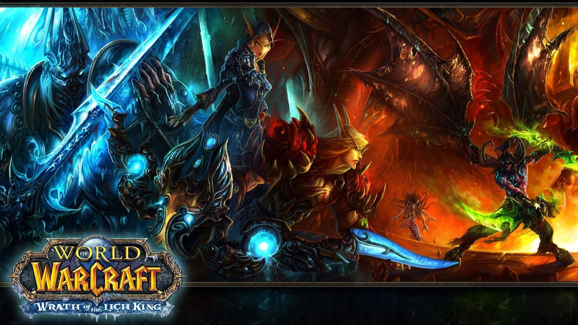 魔獸世界 桌布 壁紙 — 在《魔獸世界：巫妖王之怒》的藝術作品中，奇幻戰士在戲劇性燈光下於烈焰與冰霜領域中交鋒。