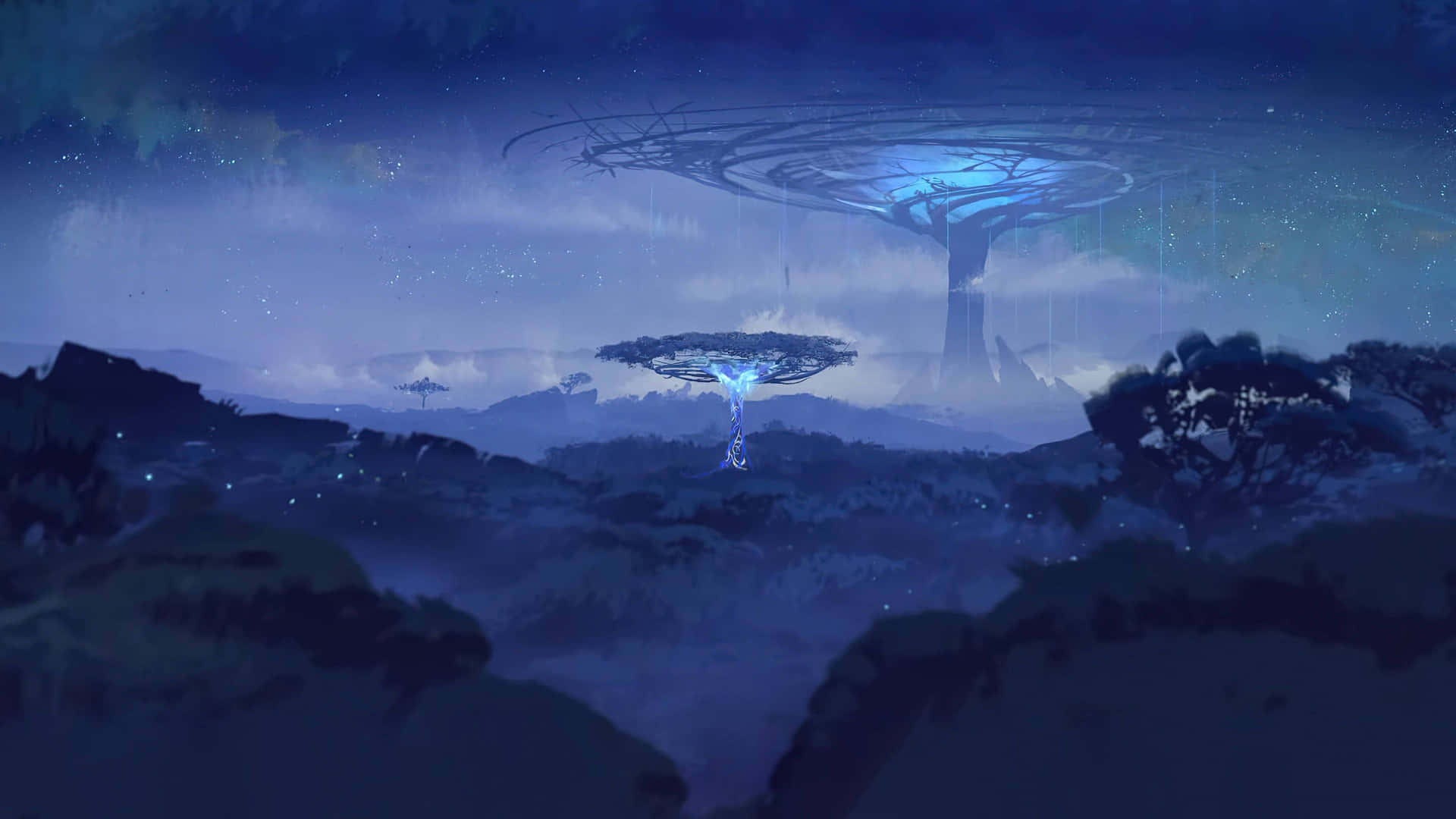 神秘夜景中漂浮的發光藍色樹木，遠處還有另一棵巨樹。