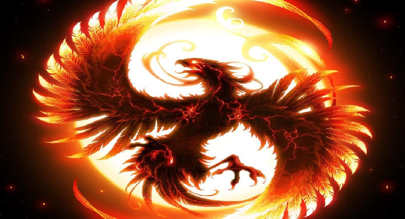 在《龍 Age 詢問者》中欣賞泰達斯的美景與壯麗 壁紙 — 一隻雄偉的鳳凰，擁有火紅的橙色和紅色羽毛，在光芒四射的太陽背景下展開翅膀。