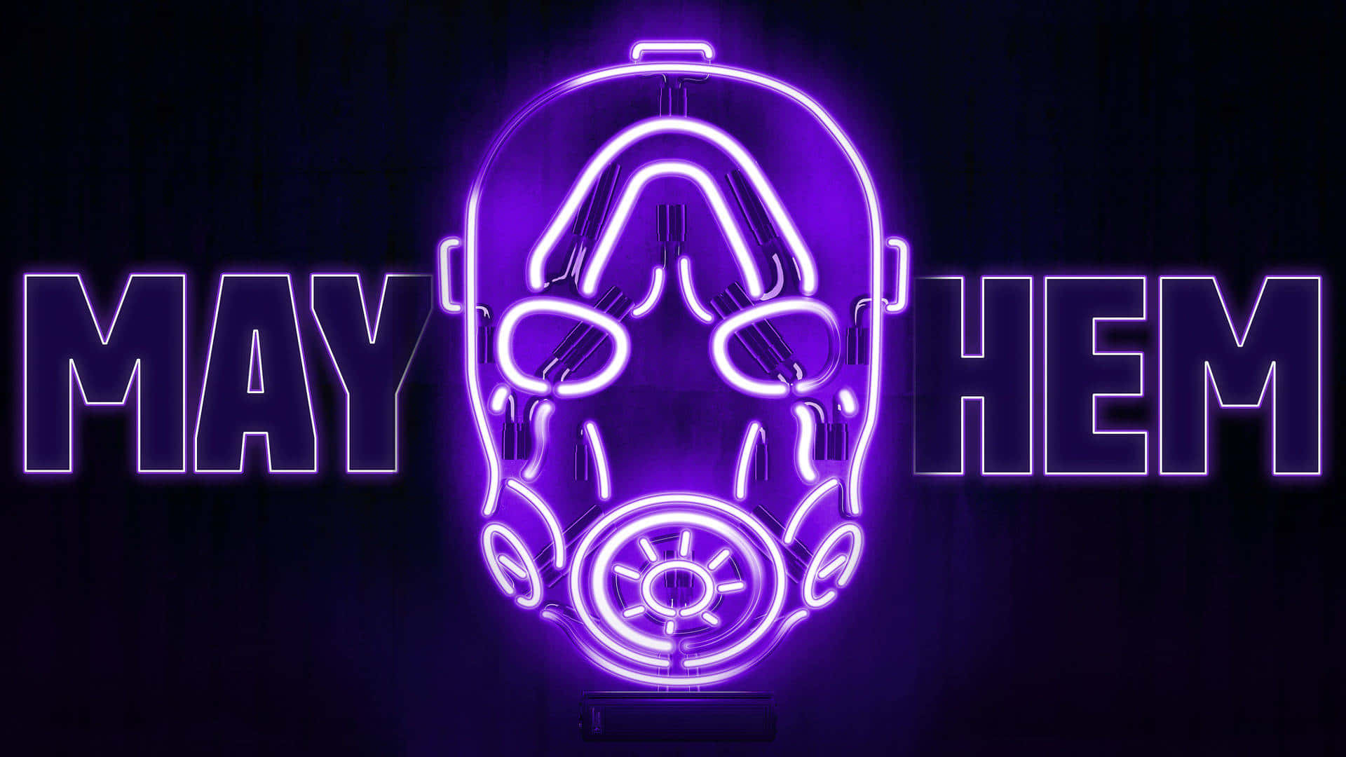 深色背景上帶有 'MAY HEM' 文字的霓虹紫色防毒面具。