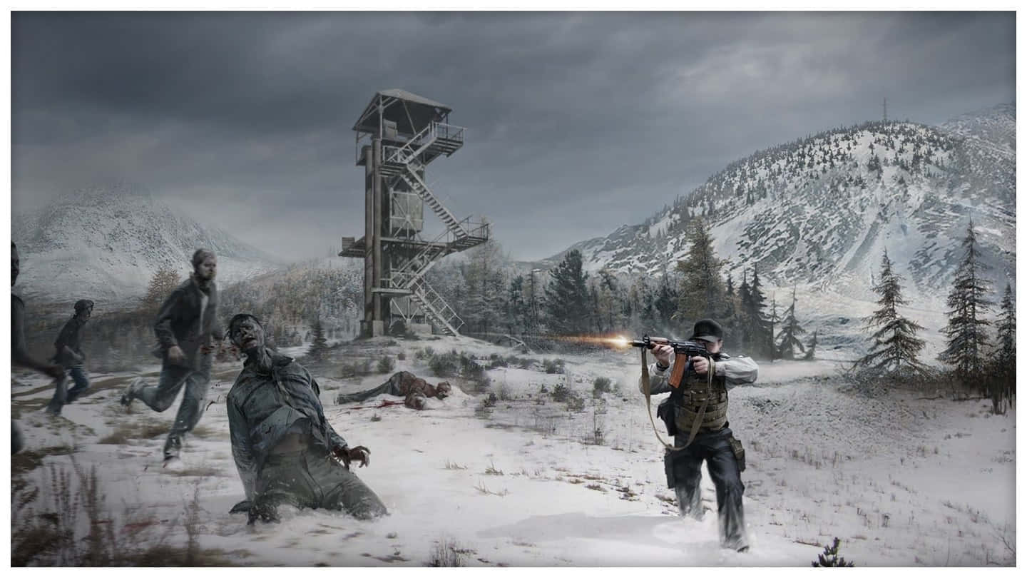士兵在雪地山區向殭屍開槍射擊。