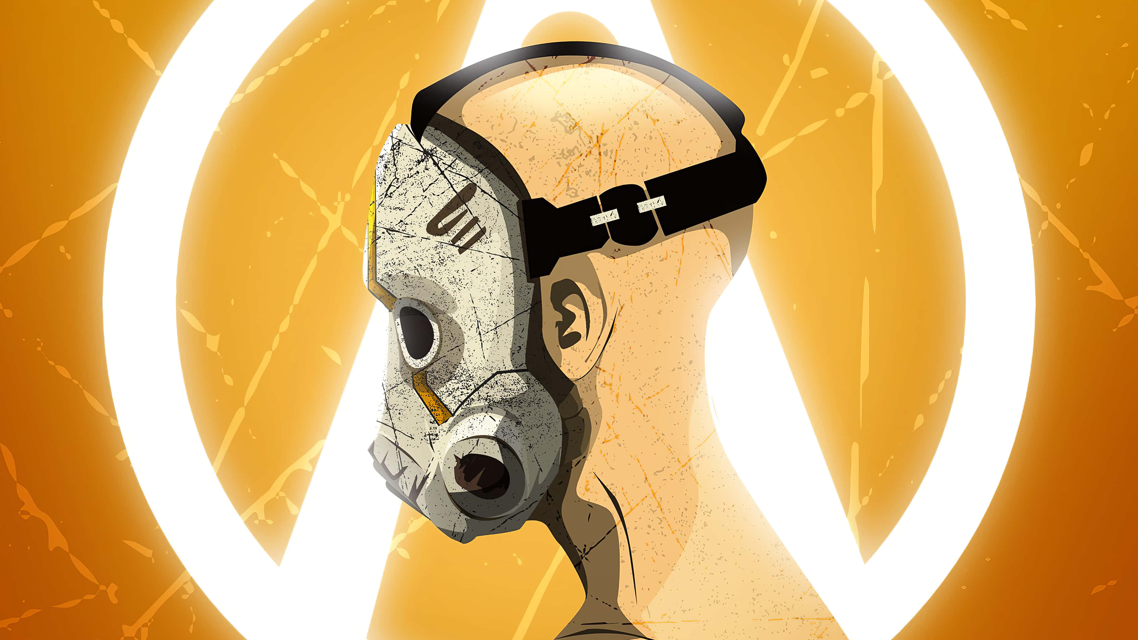 在4K畫質下探索《Borderlands 3》的危險世界 壁紙 — 一個風格化的人頭戴著破裂的防毒面具，背景是發光的橙色和白色圓形光。