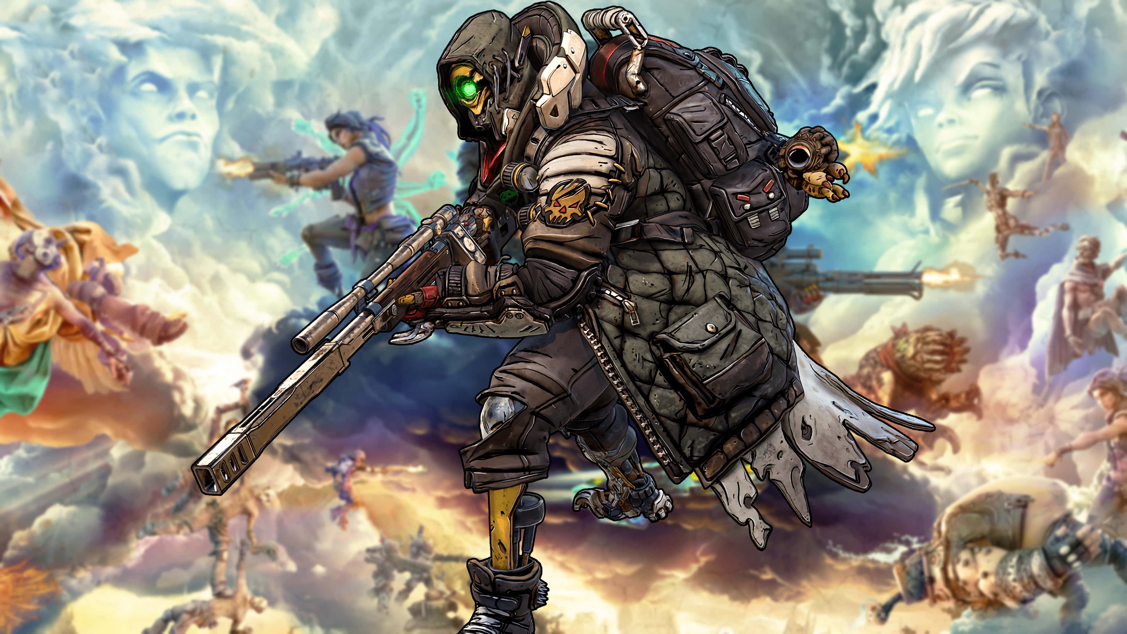 在4K畫質下體驗《Borderlands 3》的爆炸性動作 壁紙 — 一名全副武裝的裝甲戰士，擁有發光的綠色眼睛，穿過充滿漂浮戰鬥場景和幽靈面孔的混亂天空。