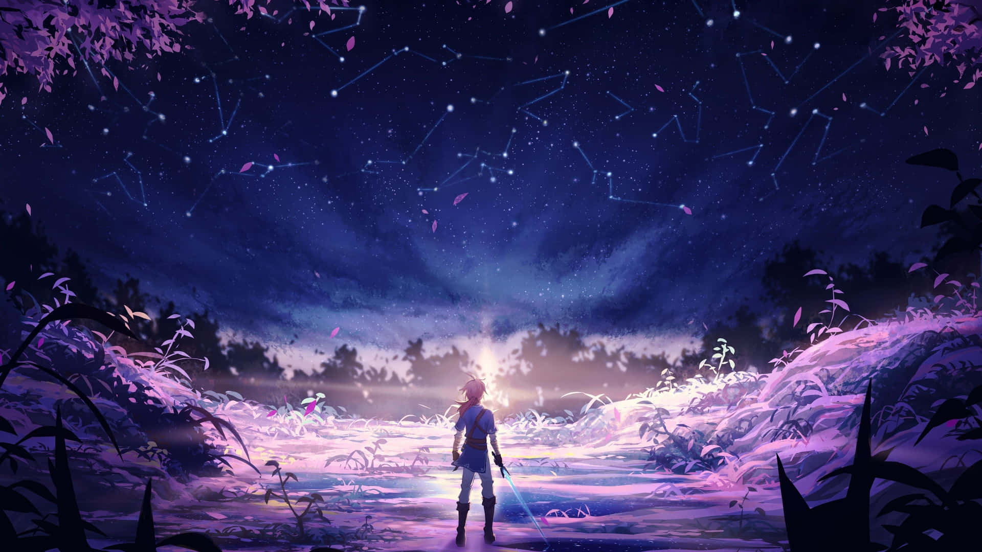 動漫戰士站在發光的田野上，星空下可見星座。