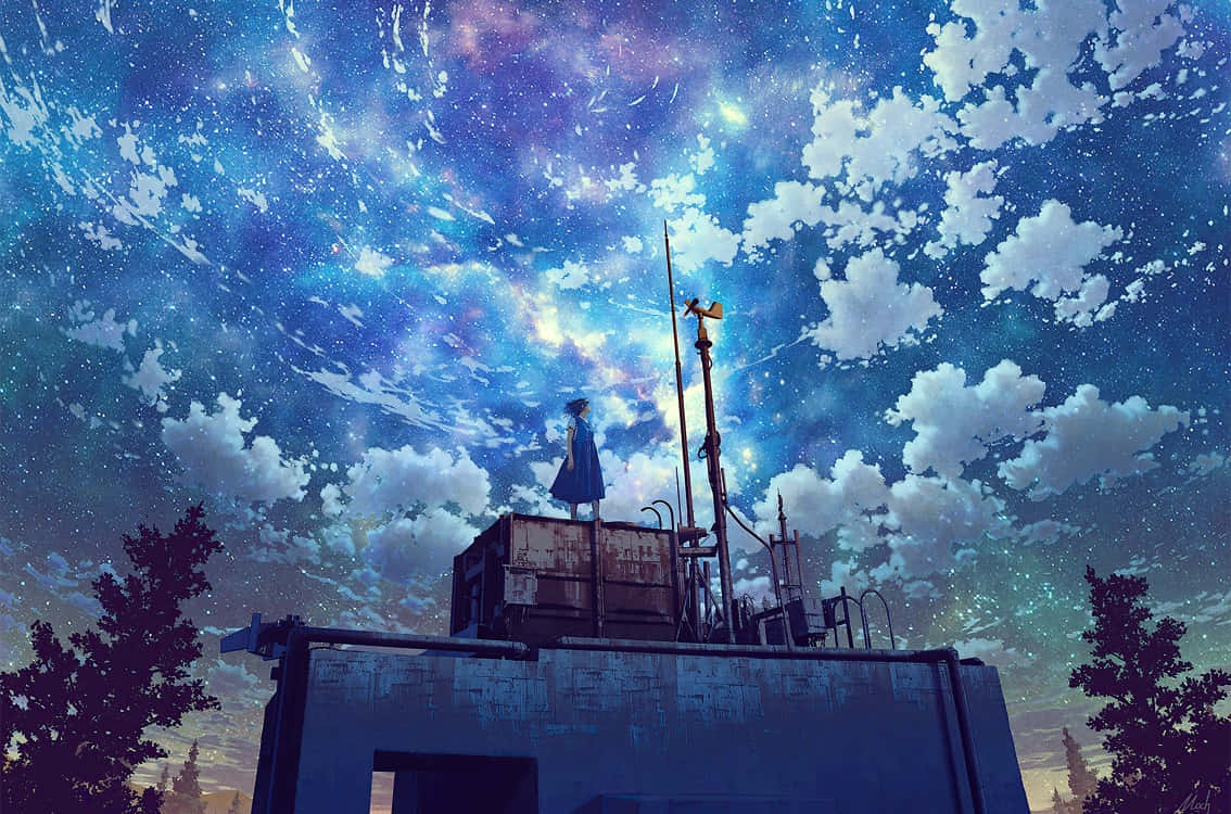 一個穿著藍色外套的女孩從屋頂凝視著星空宇宙。