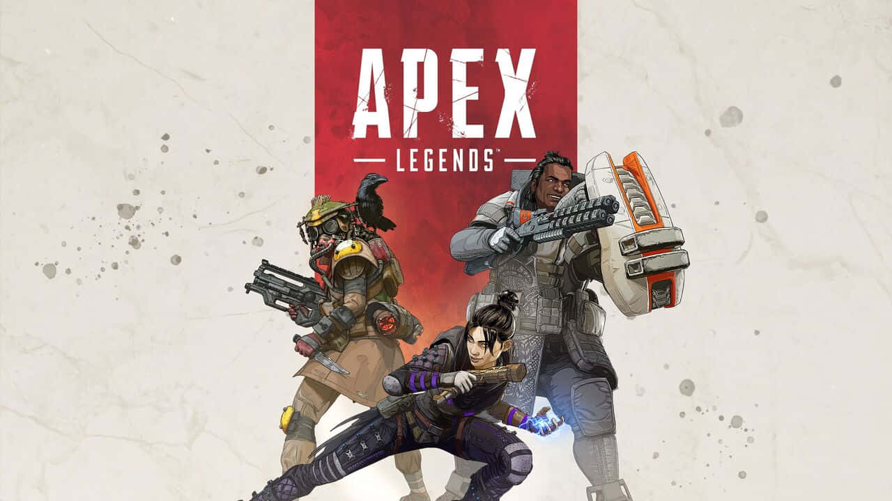 在720p《Apex英雄》中擊敗競爭對手 壁紙 — 三名身穿裝甲的Apex Legends角色在紅色紋理背景和遊戲標題前動態擺姿勢。