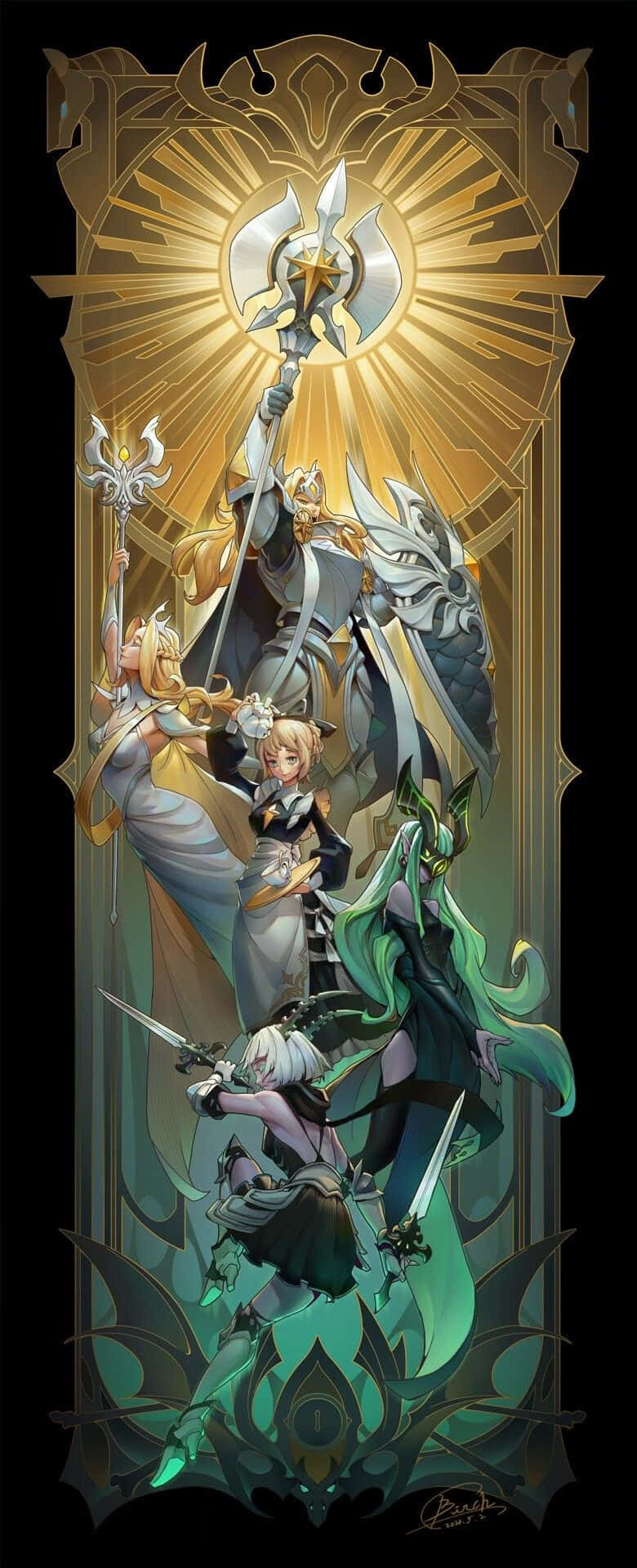 在Afk Arena中擊敗敵人 壁紙 — 四位身穿華麗盔甲的奇幻戰士站在光芒四射的金色框架中，在神聖光芒下揮舞武器。