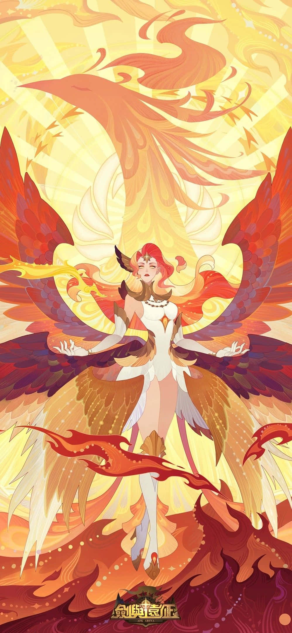 在Afk Arena中爭奪王座 壁紙 — 一位光芒四射的動漫鳳凰女神，帶著火焰翅膀，在閃耀的金色天空中翱翔。