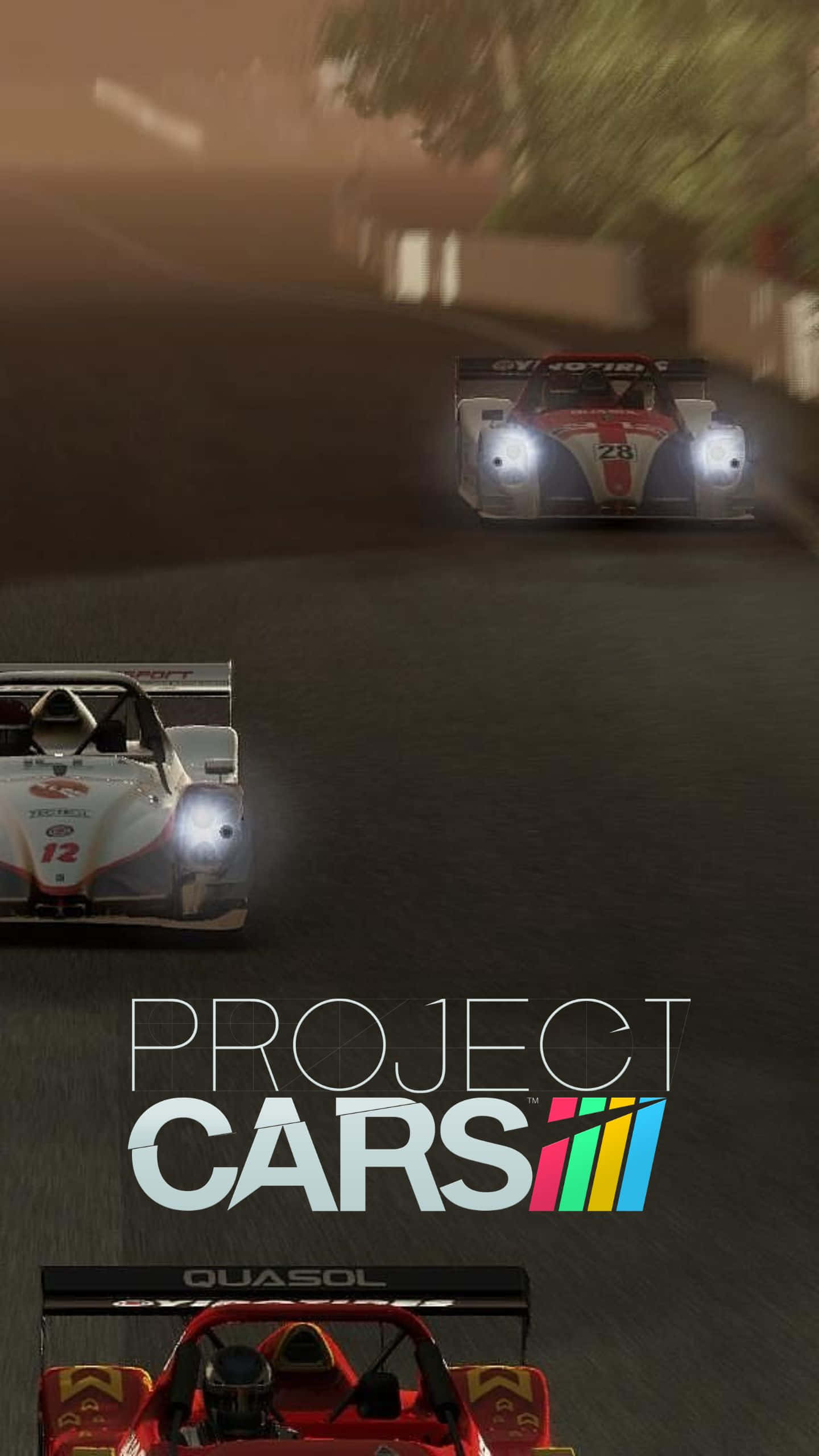 在Android《Project Cars》中衝向終點線 壁紙 — 三輛賽車在燈光昏暗的隧道中疾馳，車頭燈刺穿煙霧。