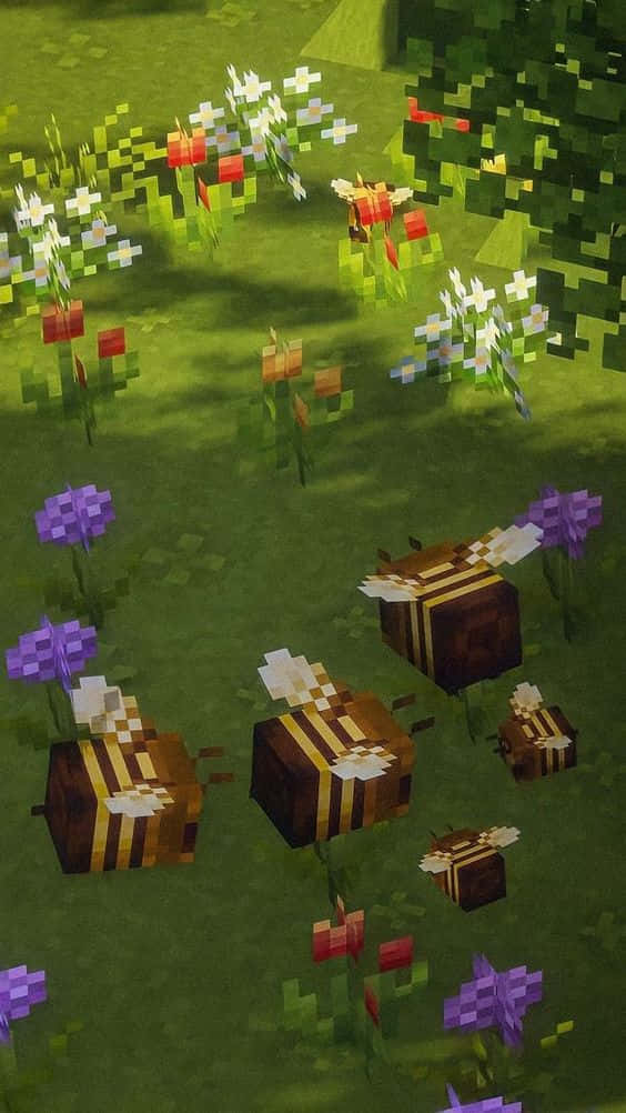 蜜蜂在Minecraft風格的像素花園中靠近花朵飛翔。