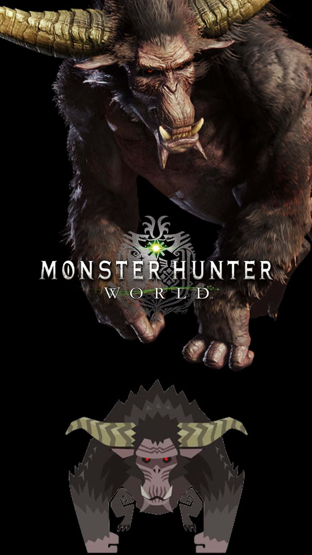 Monster Hunter World 標誌，一個大型帶角怪物位於其像素化版本之上。