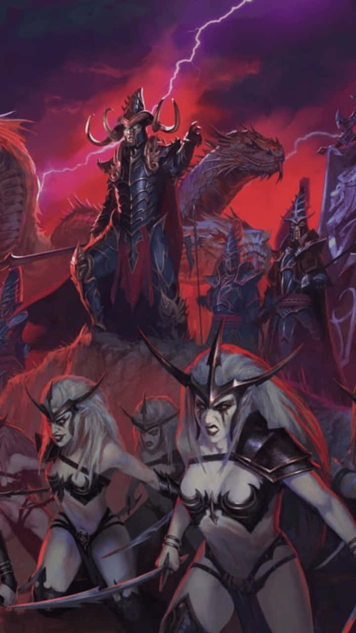 在Android上體驗《全面戰爭：戰錘2》的壯闊戰役 壁紙 — 一個由角鬥士率領的黑暗奇幻軍隊，在雷電交加的暴風雨紅天下騎著龍。