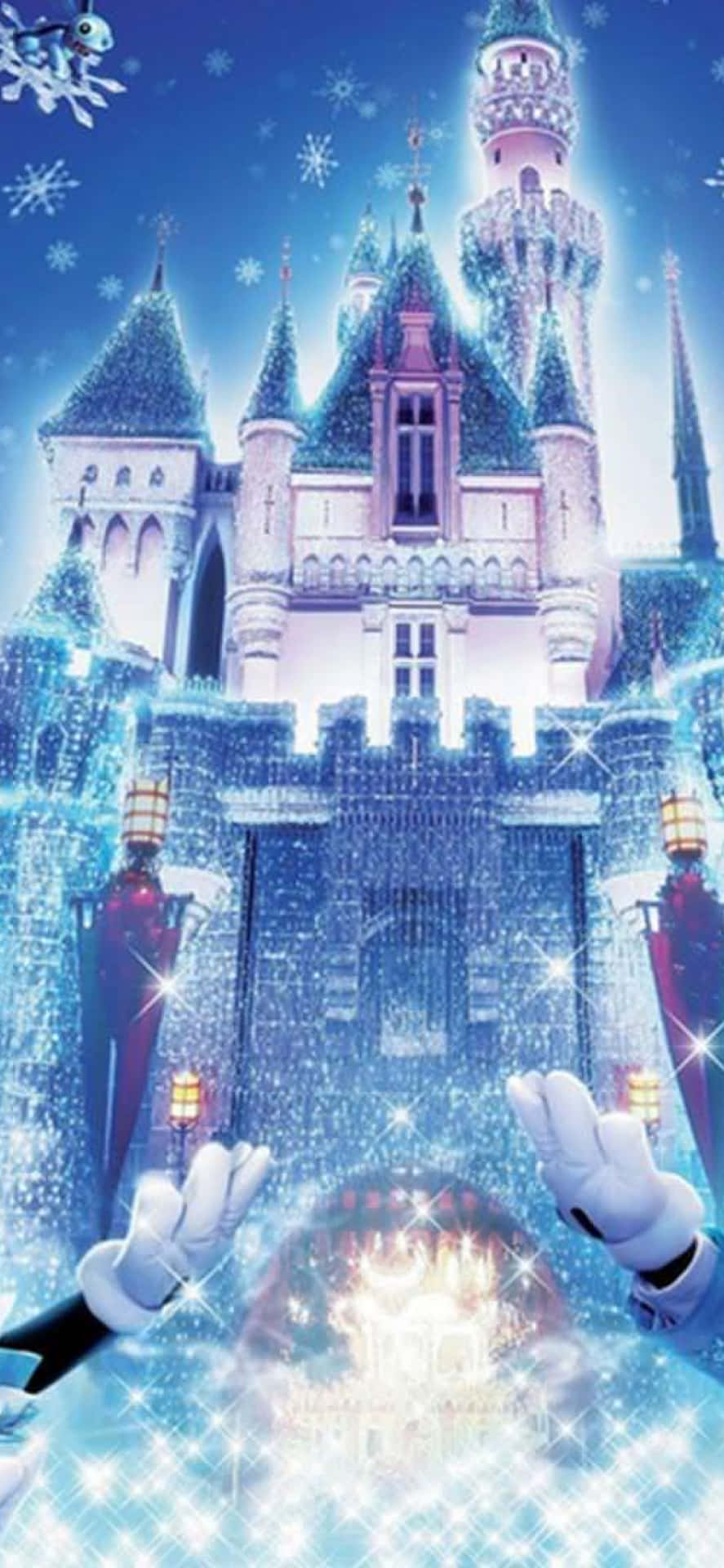 米奇老鼠的雙手伸向一個發光的雪覆蓋城堡。
