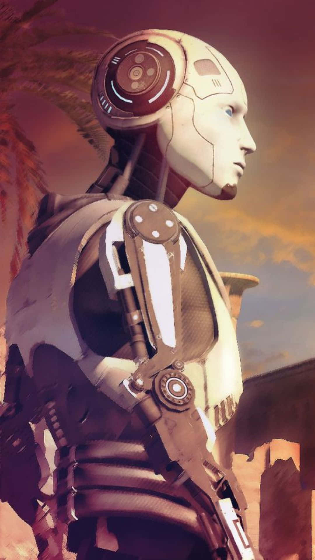 一個穿著未來風格服裝的人形機械人，在夕陽和棕櫚樹背景下站立。