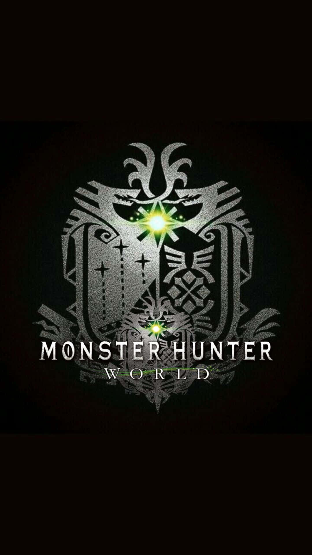 Monster Hunter World 遊戲標誌，帶有發光的綠色星星和銀色部落設計。