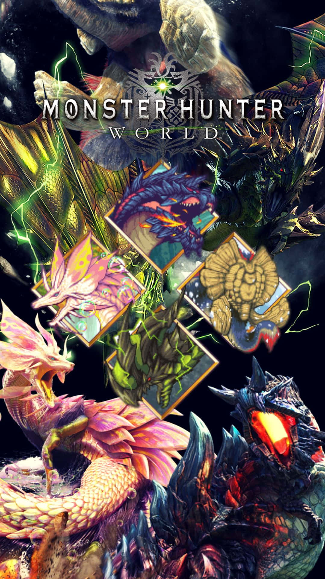《魔物獵人 世界》宣傳藝術作品， featuring 多種色彩繽紛的奇幻魔物。