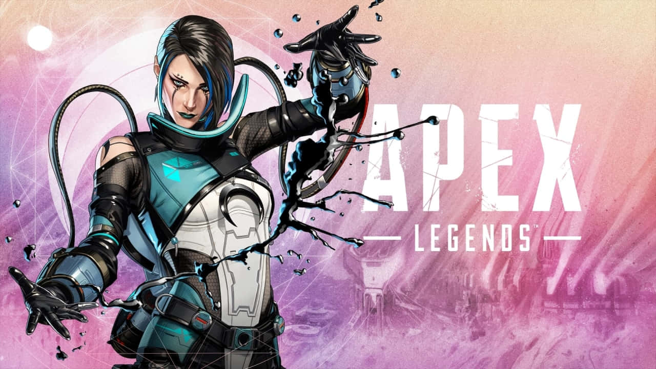 在Apex傳奇的前線戰鬥 壁紙 — 一位身穿未來裝甲的Apex Legends女性角色在發光的粉紅和紫色宇宙背景下操控暗能量。