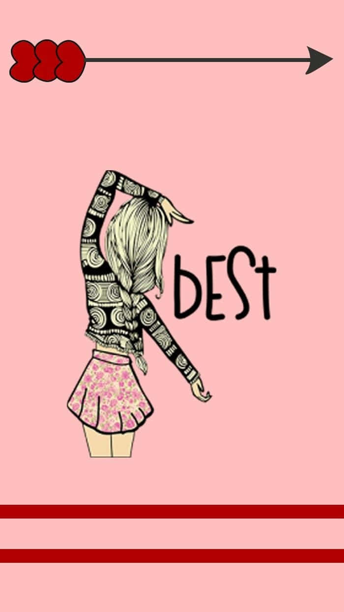 在Bestie咖啡廳慶祝友誼 壁紙 — 一個風格化的女孩穿著圖案服裝，在粉紅色背景上的紅色箭頭下，在「BEST」一詞旁邊伸展。