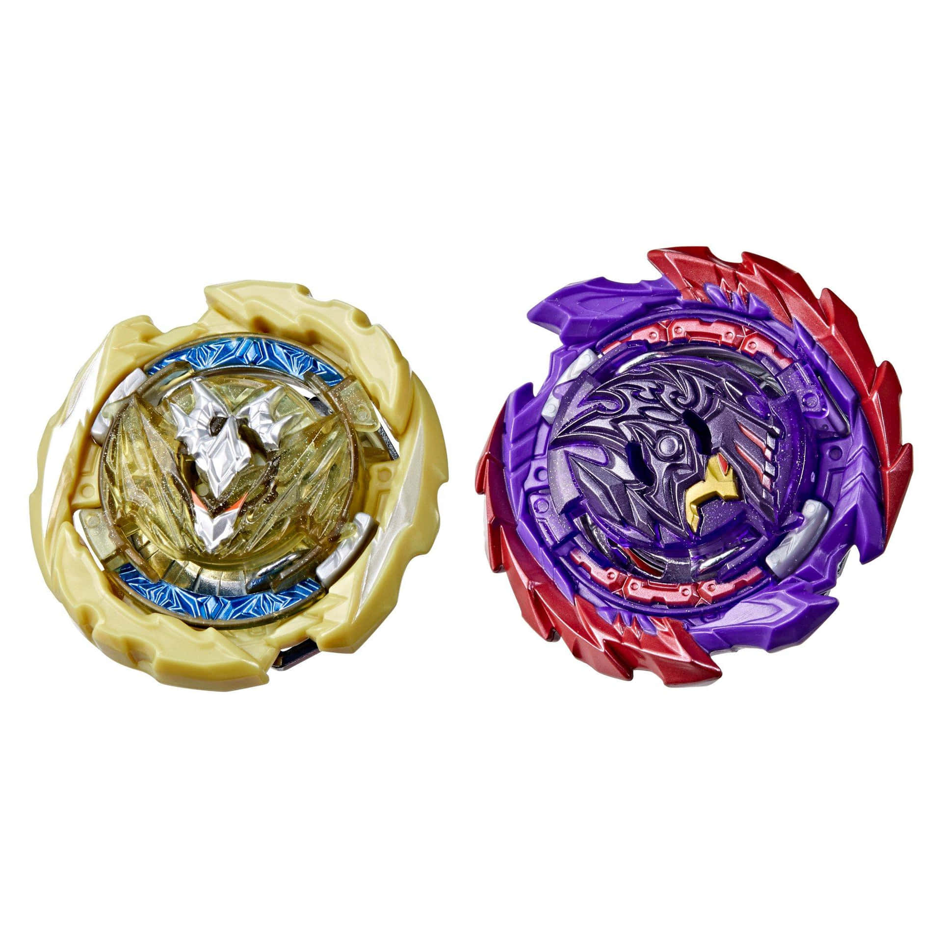 兩個色彩繽紛的Beyblade陀螺準備好戰鬥。