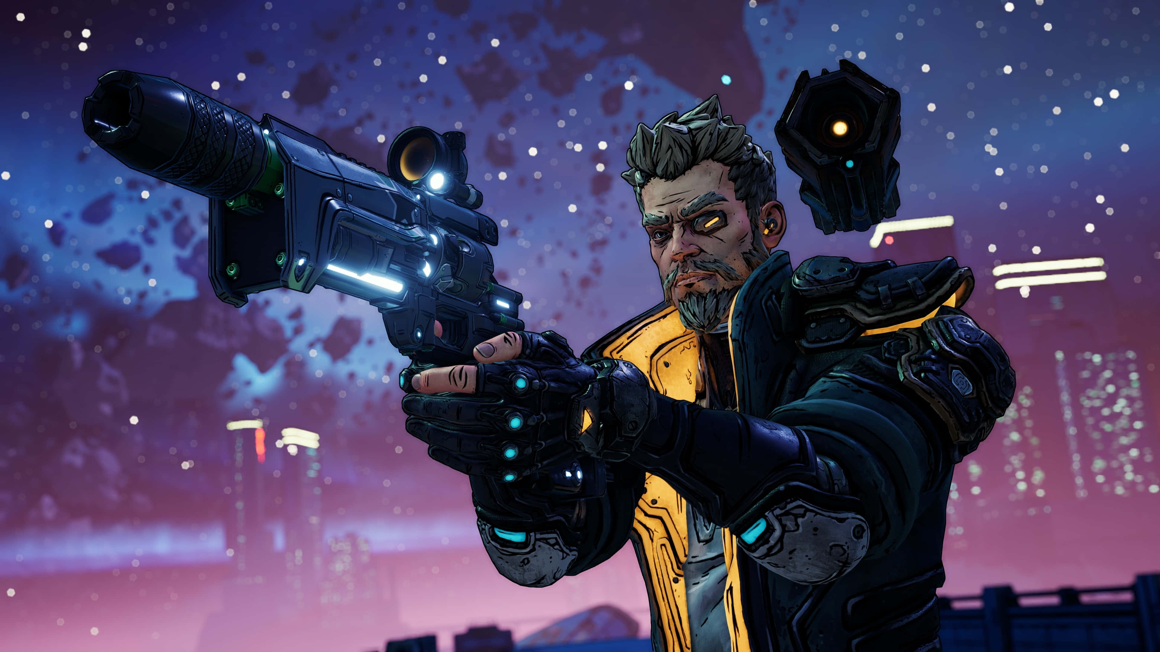 在Borderlands 3中展開充滿動作的冒險 壁紙 — 一個強壯的太空牛仔在繁星點點的紫色天空下，用一把發光的未來手槍瞄準霓虹燈閃爍的外星城市天際線。