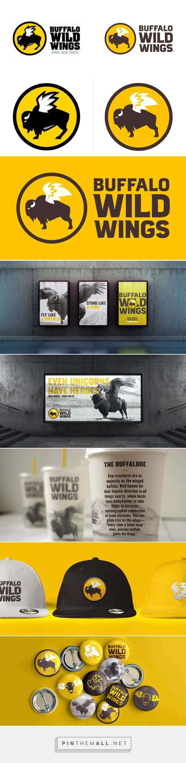 Buffalo Wild Wings 餐廳品牌展示，包括標誌、杯子、帽子和商品。