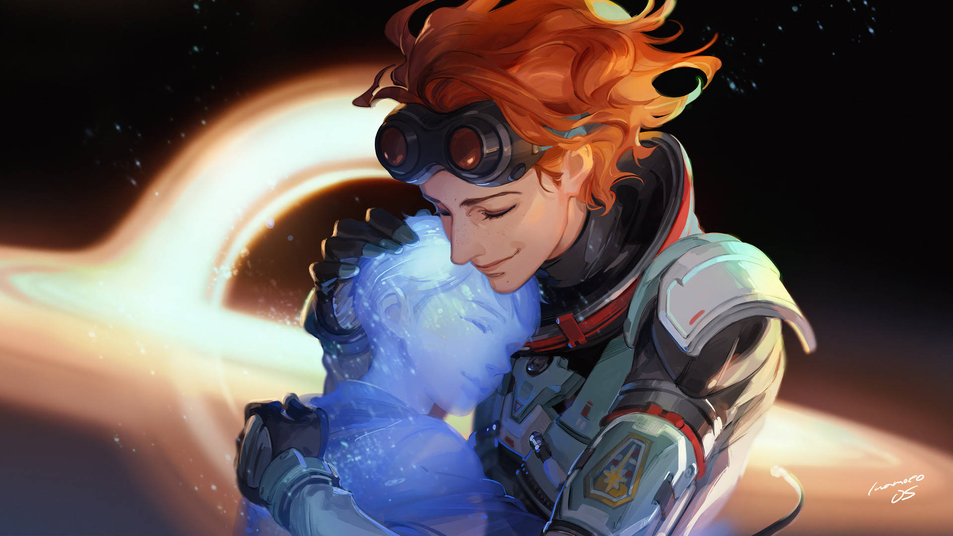 一位太空人在旋轉的宇宙背景下擁抱一顆發光的球體。
