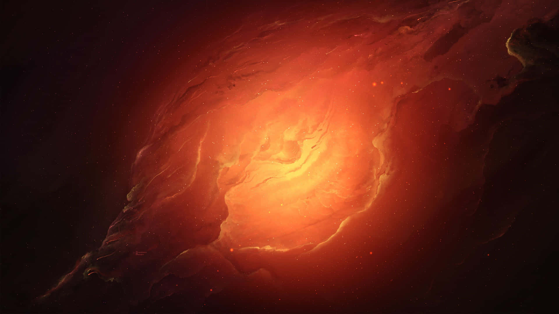 在深空中旋轉、帶有發光星星的火熱橙色和紅色宇宙星雲。