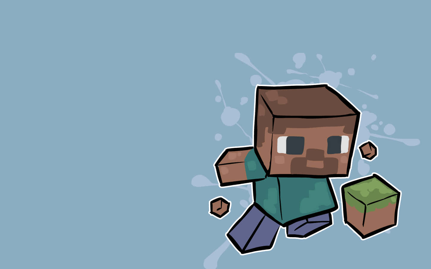 Minecraft角色在藍色背景上拿著草和泥土方塊奔跑。