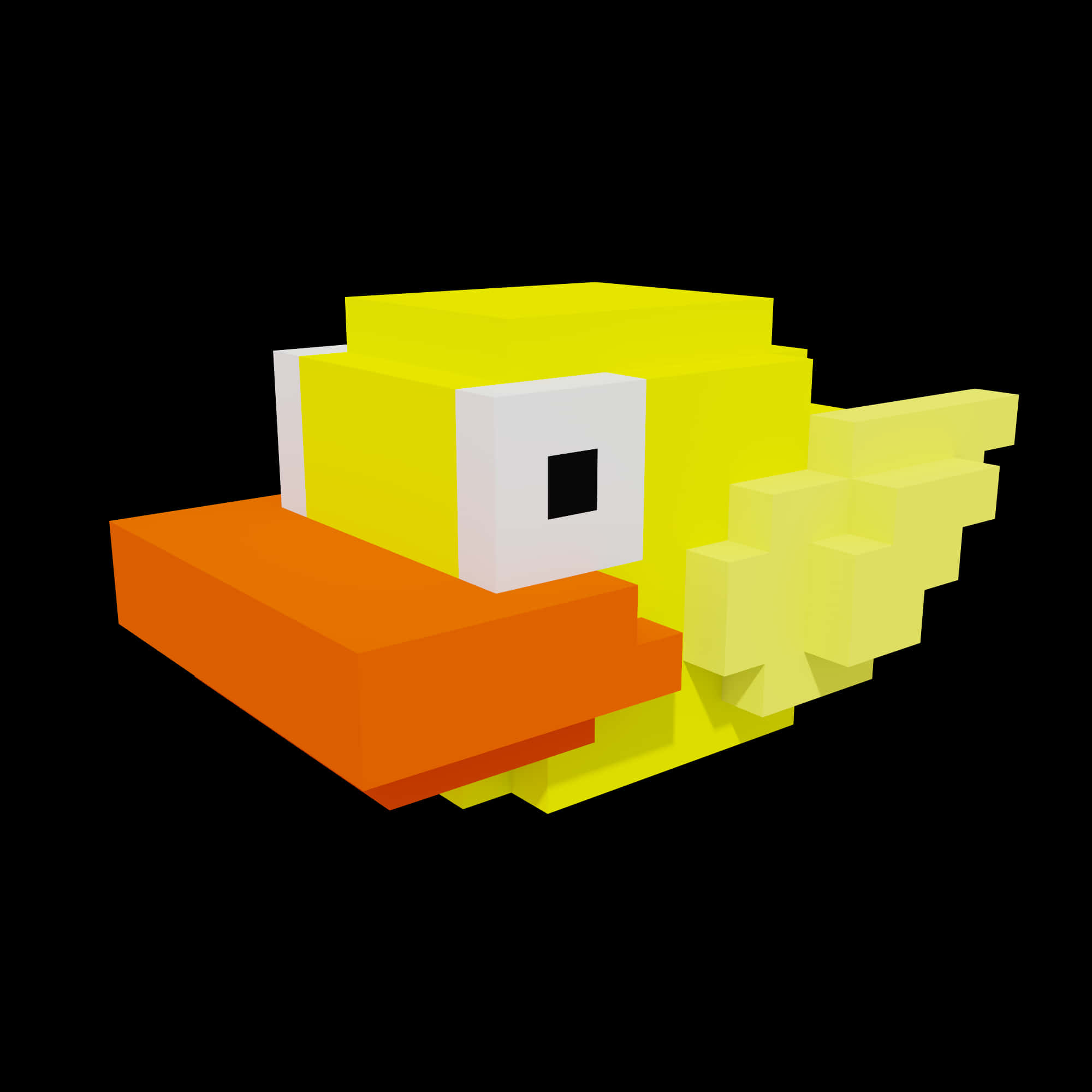 在Flappy Bird中振翅飛向成功 壁紙 — 一個鮮黃色像素化鴨頭，有橙色喙和黑色眼睛，背景為黑色。