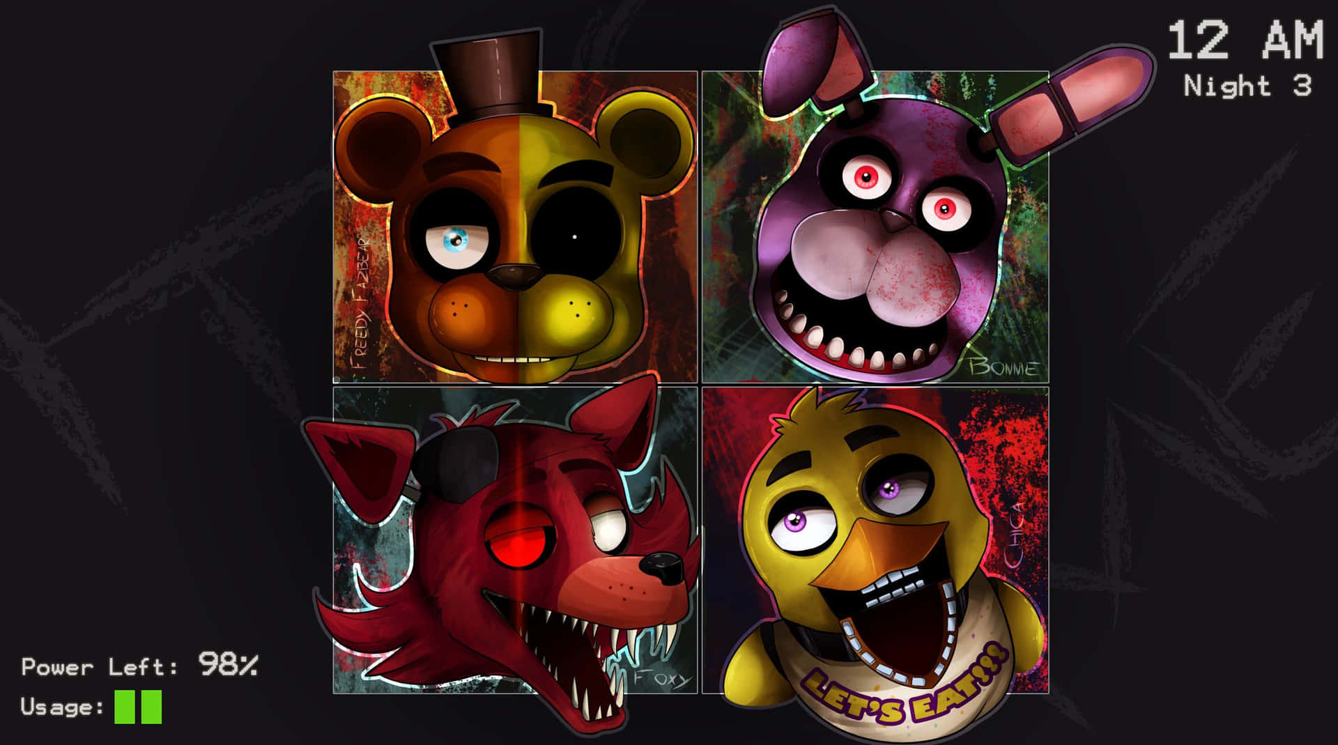來自 Five Nights at Freddy's 的四個可怕機械角色，眼睛發光。