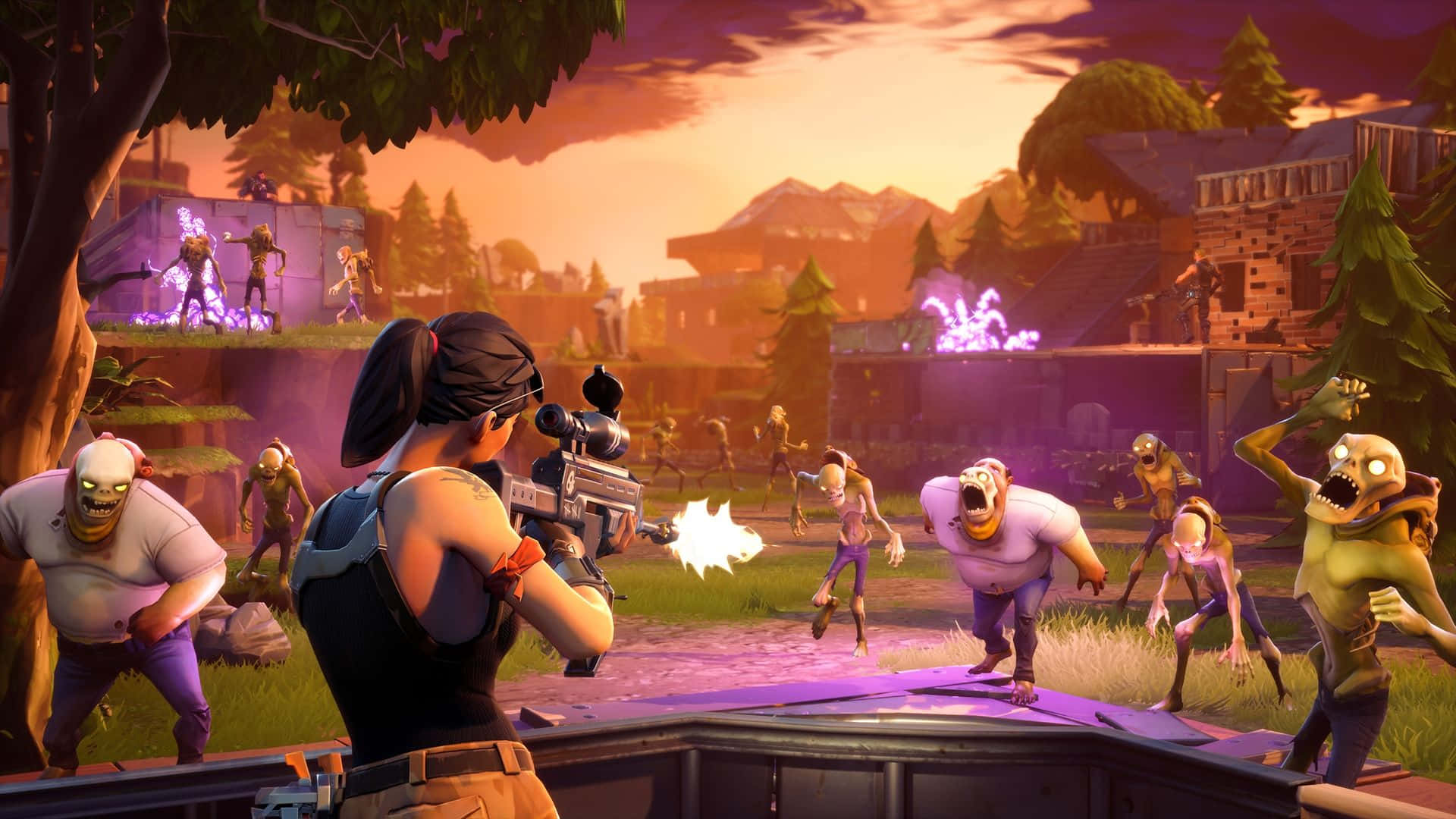 Fye No Skin Fortnite 桌布 壁紙 — 在Fortnite中，一名玩家在熾熱的日落天空下向逼近的殭屍開火。