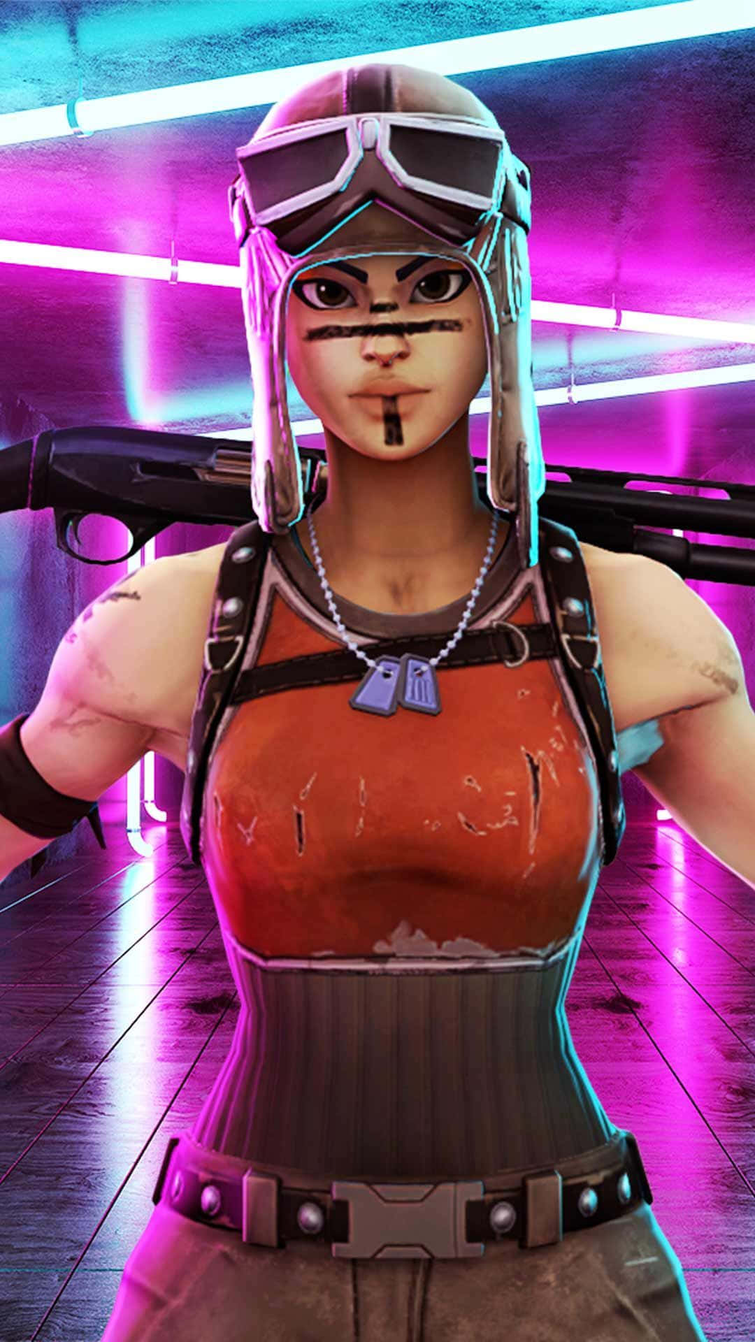 在Fortnite中獲得稀有Ruby皮膚！ 壁紙 — 一位兇猛的女戰士身穿未來裝備，自信地站在一條閃爍著粉紅和藍色霓虹燈的走廊中。