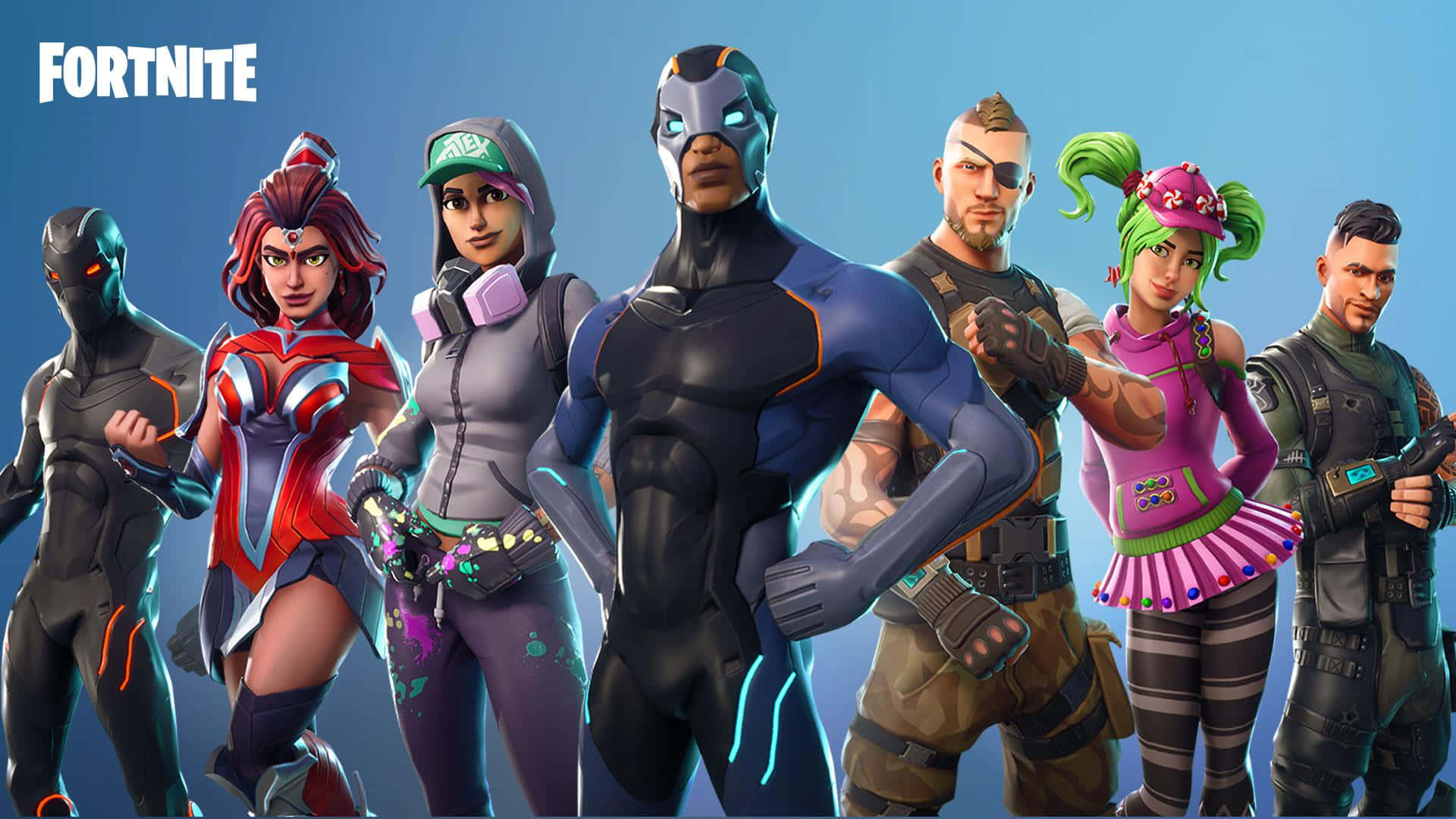七個 Fortnite 遊戲角色穿著未來風格服裝一起擺姿勢。