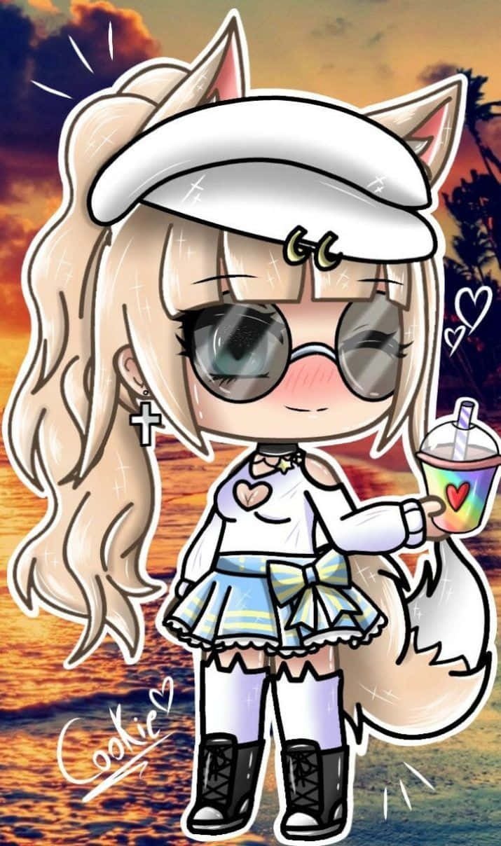 Chibi狐狸女孩戴著太陽眼鏡，在日落海灘拿著彩虹飲料。