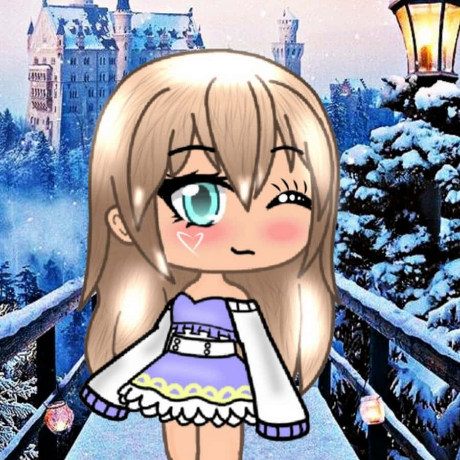 穿著冬裝的Q版動漫女孩站在城堡附近的雪橋上，旁邊有發光的燈籠。