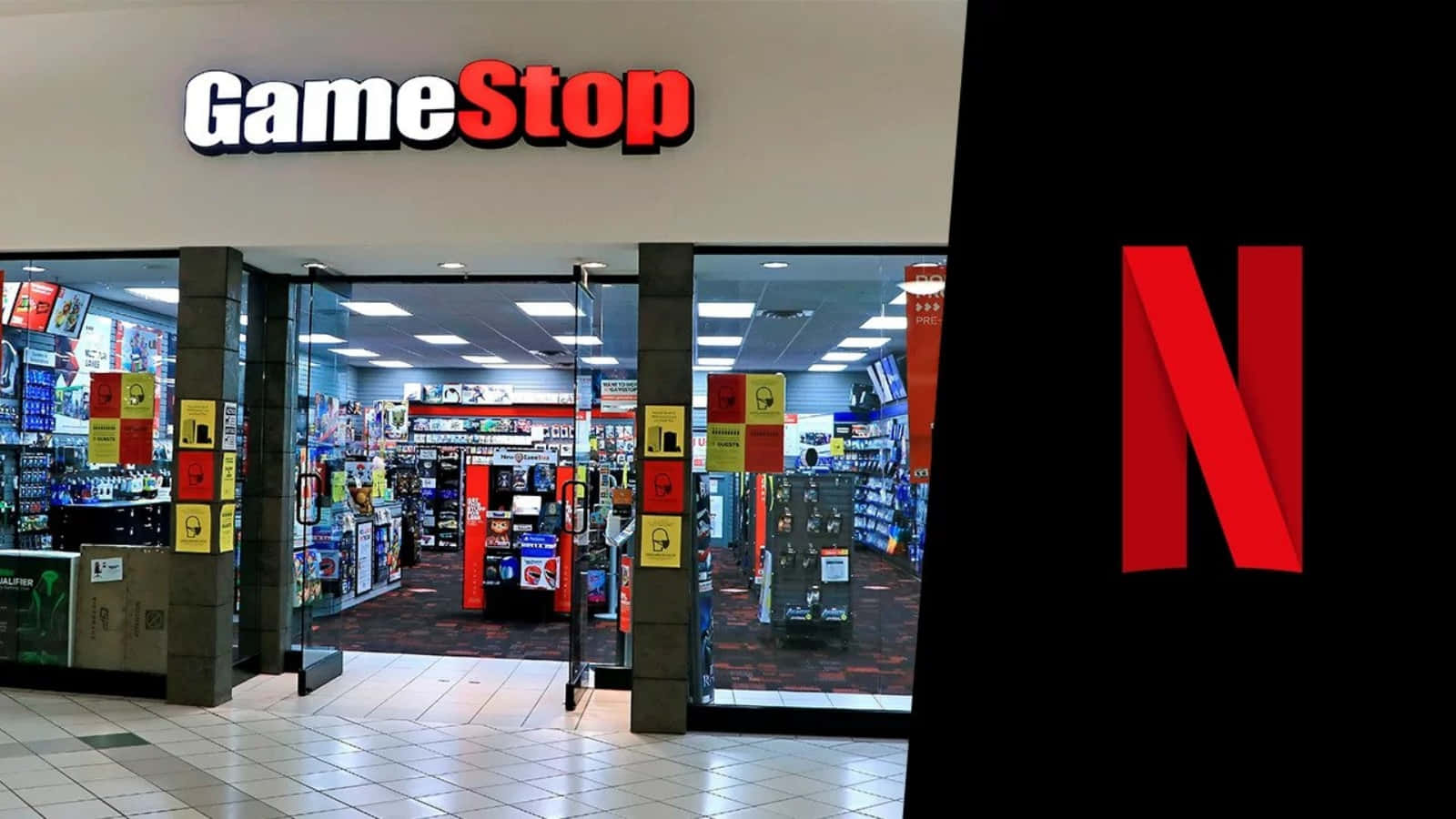 在Gamestop提升您的遊戲體驗！ 壁紙 — 分割圖片，顯示GameStop商店入口和Netflix標誌，背景為黑色。