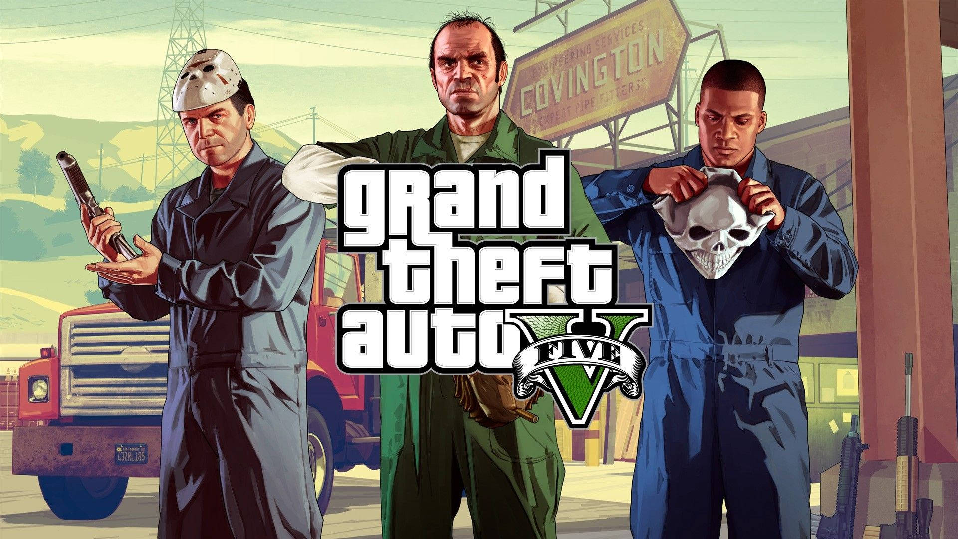 三個GTA V角色喺沙漠小鎮，有紅色貨車同骷髏面具。