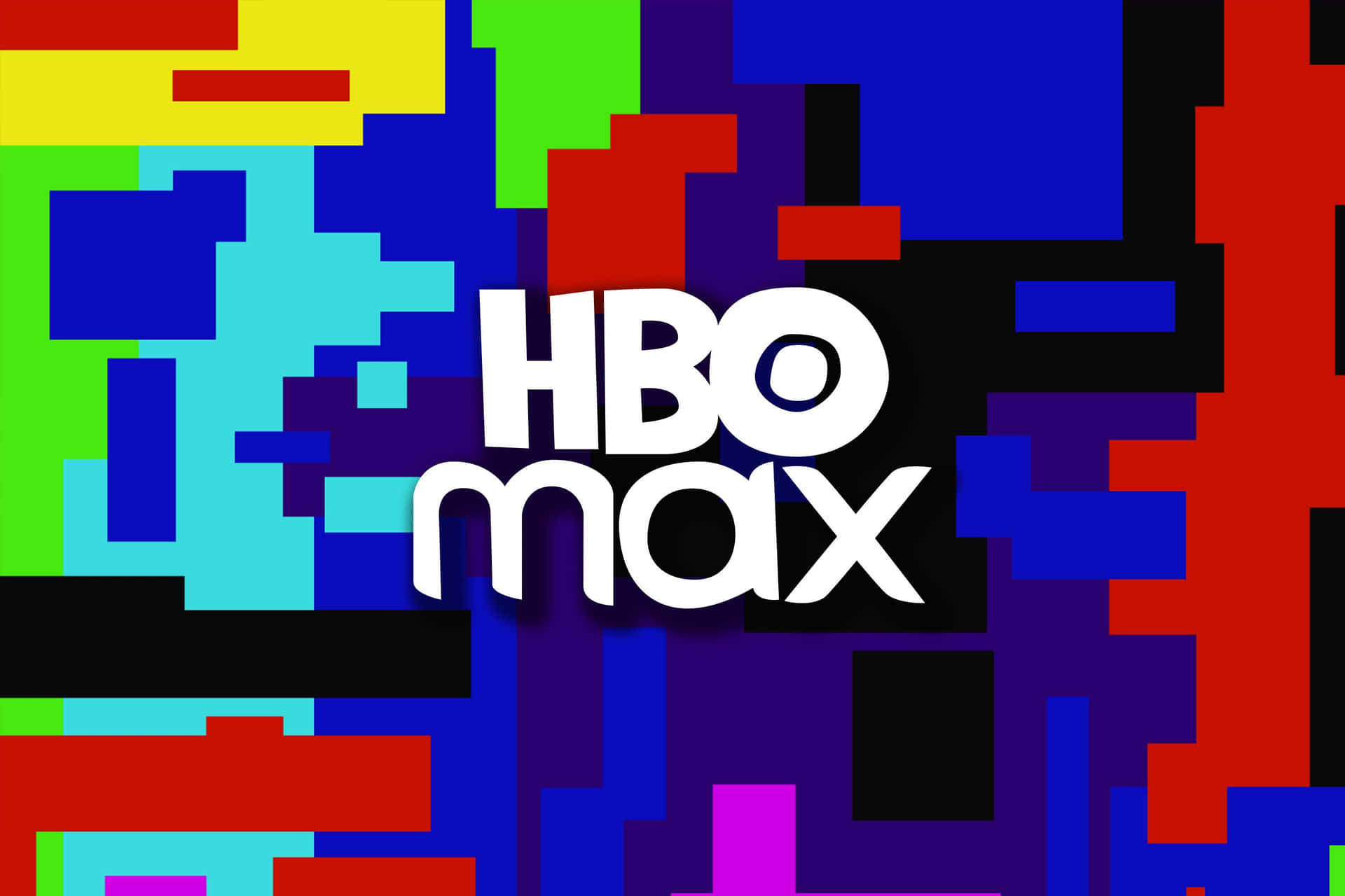 在彩色像素背景上以白色文字顯示的HBO Max標誌。
