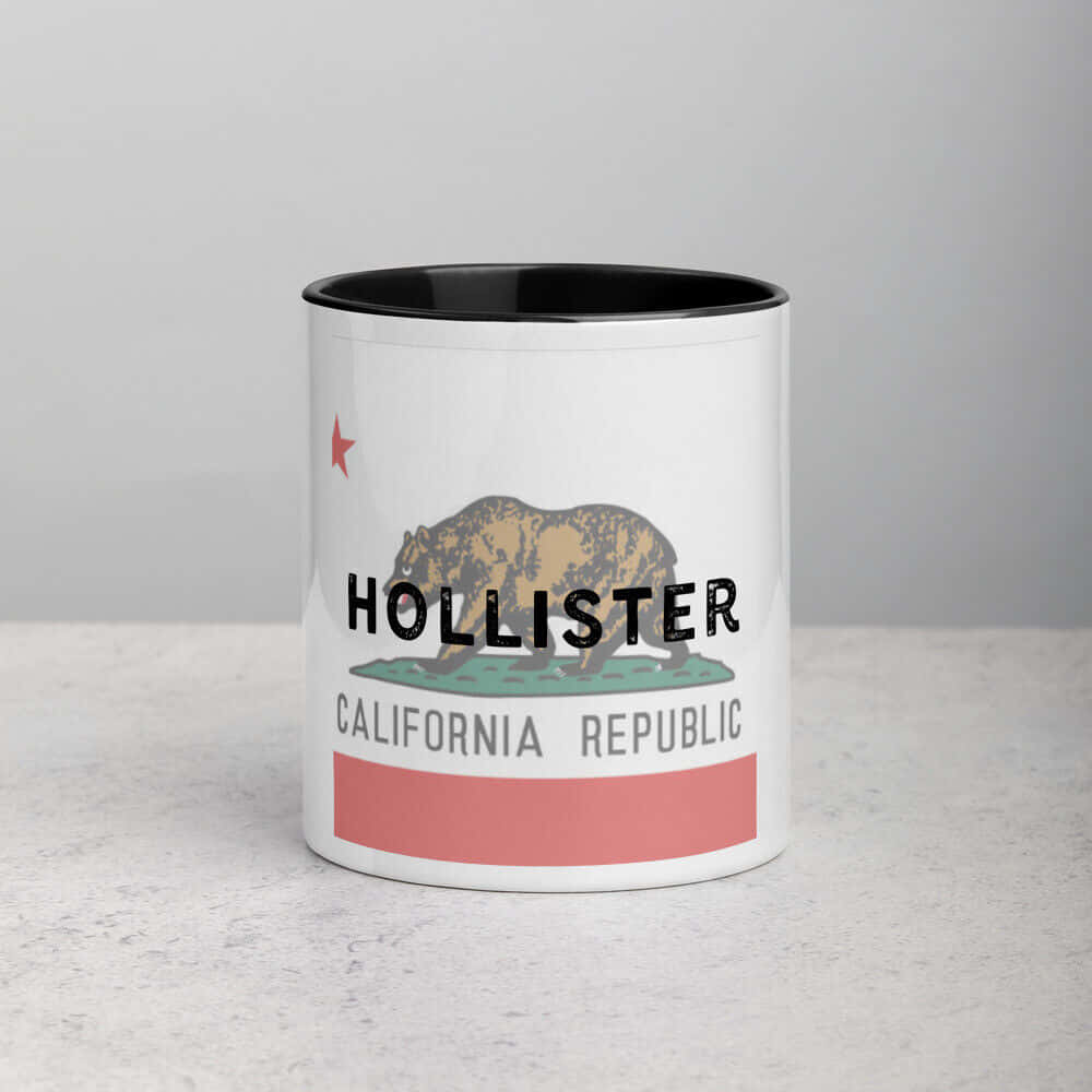 白色陶瓷杯，黑色邊緣，加州共和國旗設計，Hollister文字和熊。