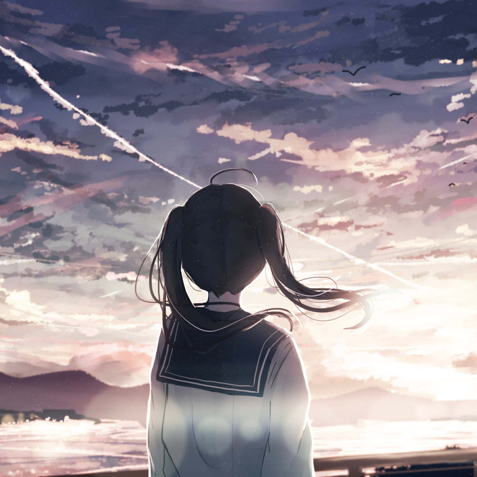 穿著水手服的動漫女孩看著海洋上的日落和鳥兒