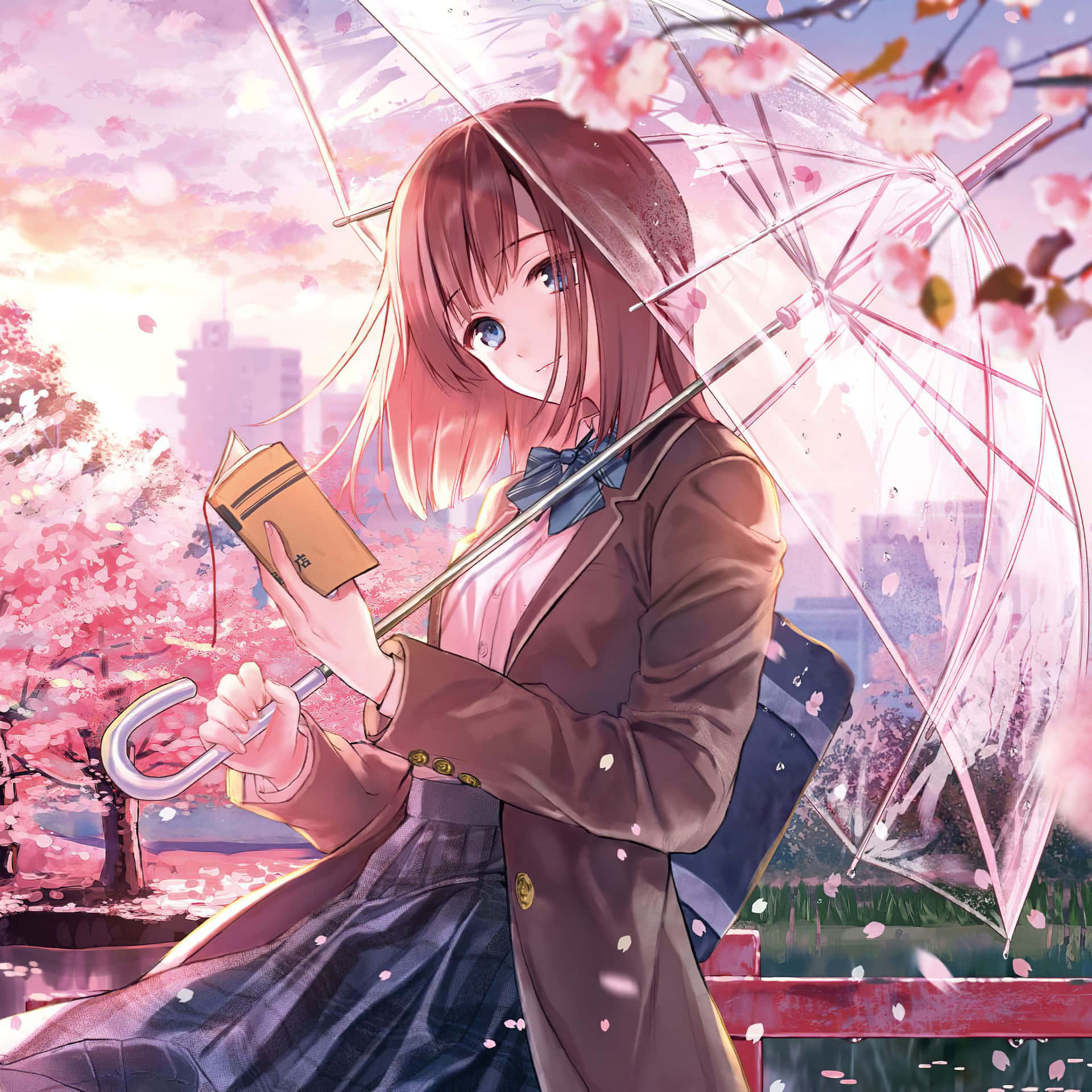 動漫女孩在夕陽下櫻花傘下看書。