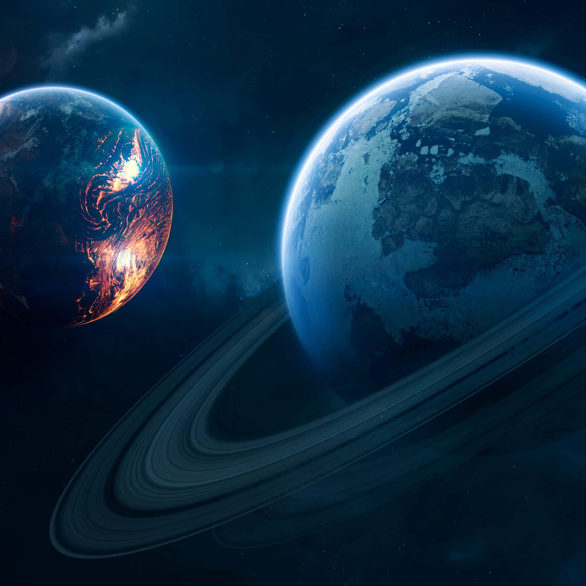 兩顆帶有發光極光的類地行星在深空中環繞著有光環的氣體巨星運行。
