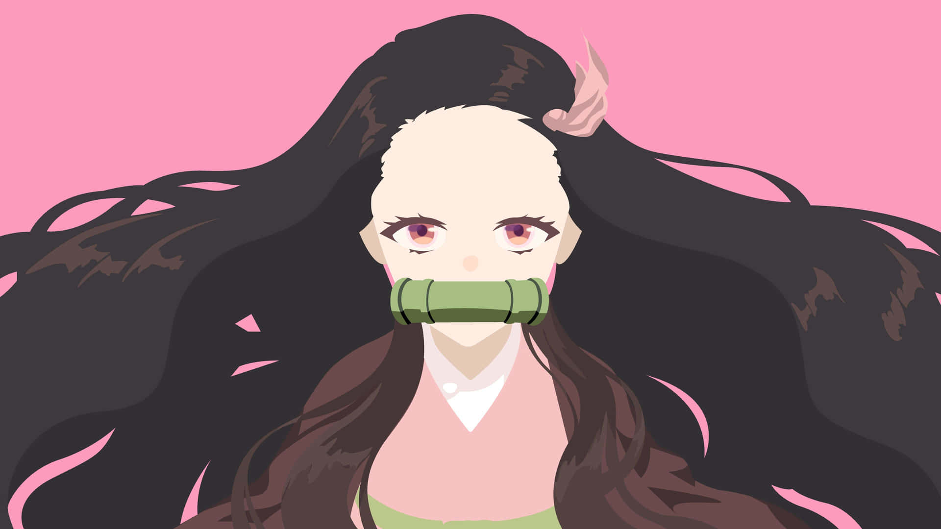 長黑髮粉紅眼睛的動漫女孩，嘴上戴著綠色竹製口塞。