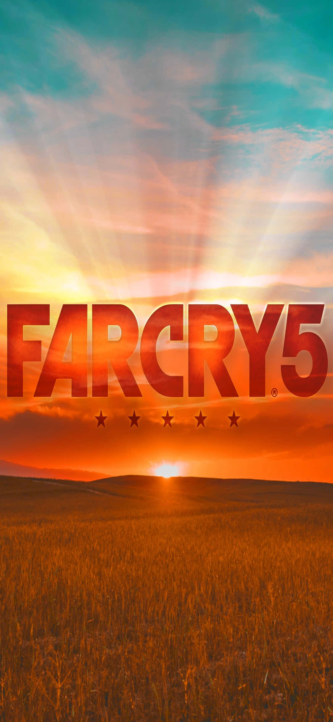 在iPhone XS上享受動作冒險遊戲Far Cry 5 壁紙 — 夕陽映照金色麥田，'FARCRY5' 標題在絢麗天空中以火橙色閃耀。