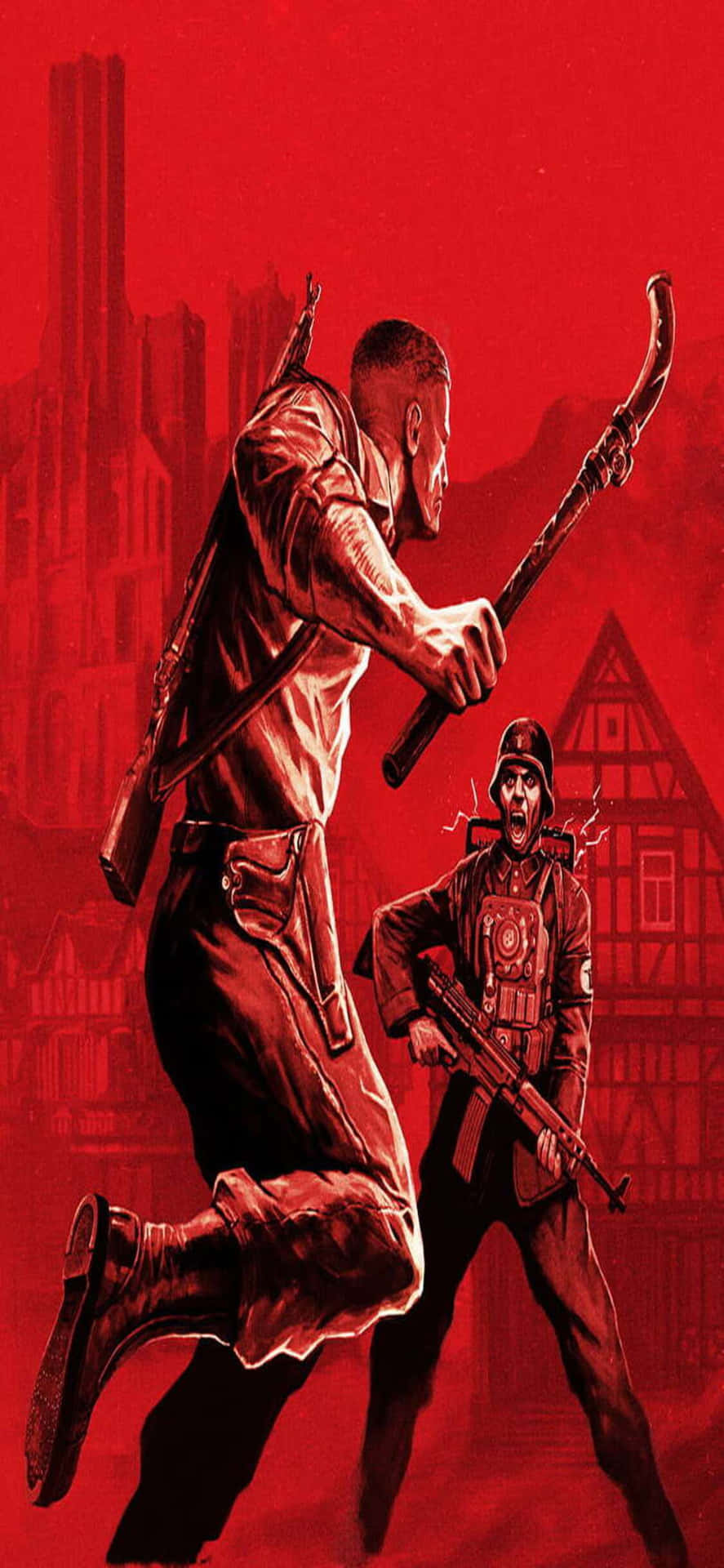 兩名武裝士兵在紅色調的城市景觀中，一人持刀衝刺，另一人持步槍。
