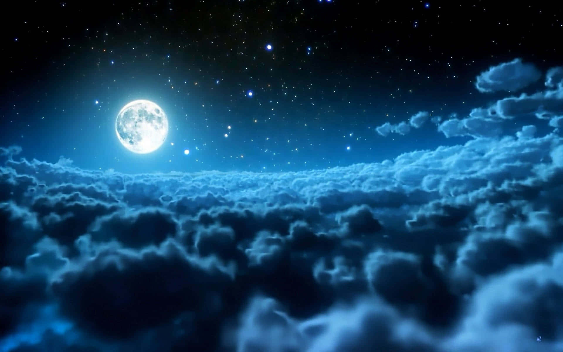 滿月在繁星點點的夜空下照耀著廣闊的雲海。
