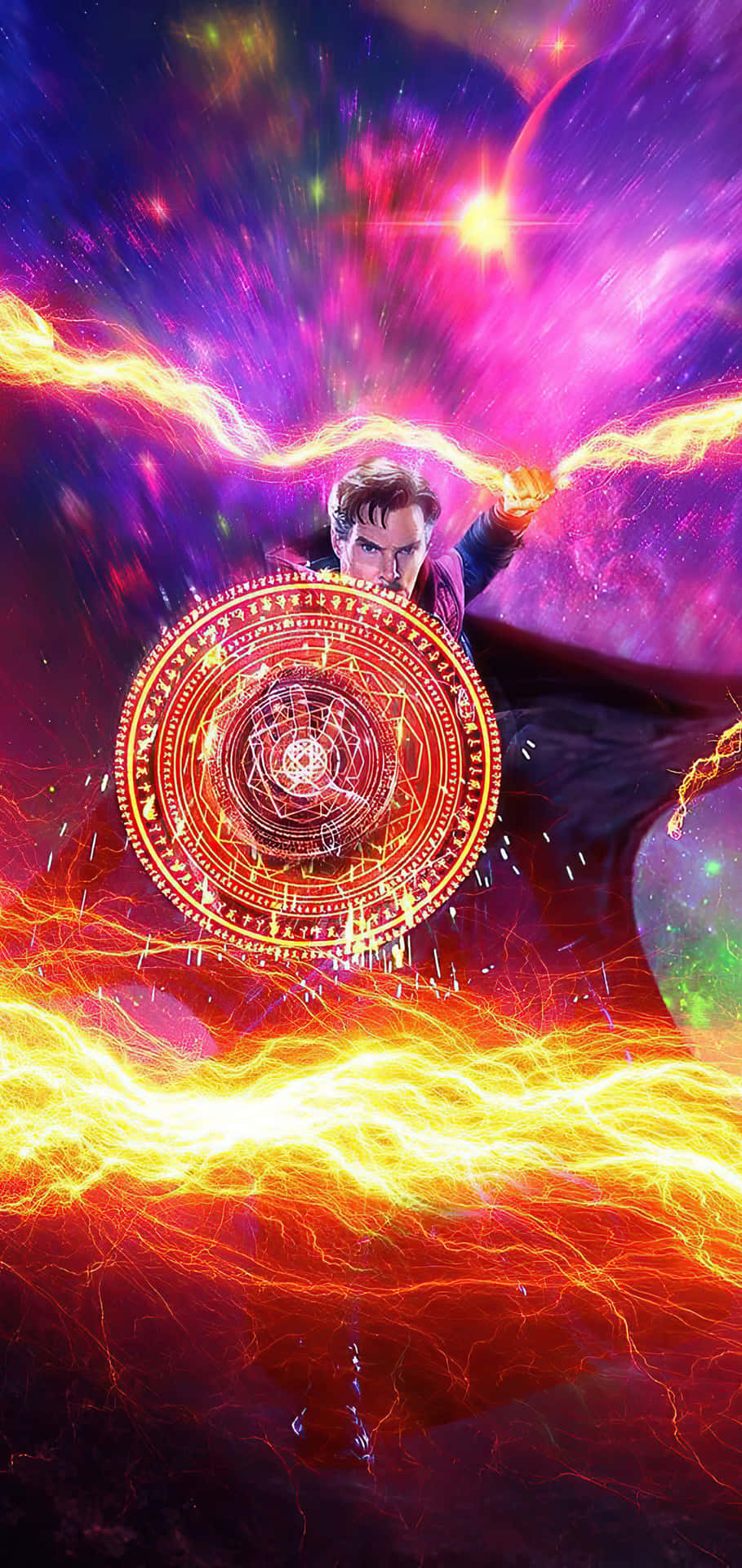 奇異博士在宇宙風暴中施展魔法，帶有發光的能量和神秘的盾牌。